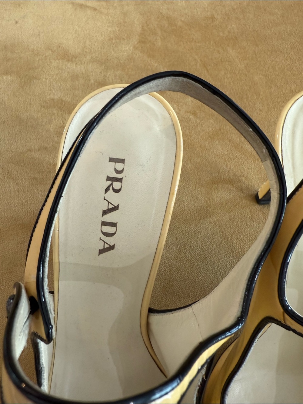 Prada Yellow Patent Leather Mary Jane Slingback Heels with Black Trim - Picture 8 of 11